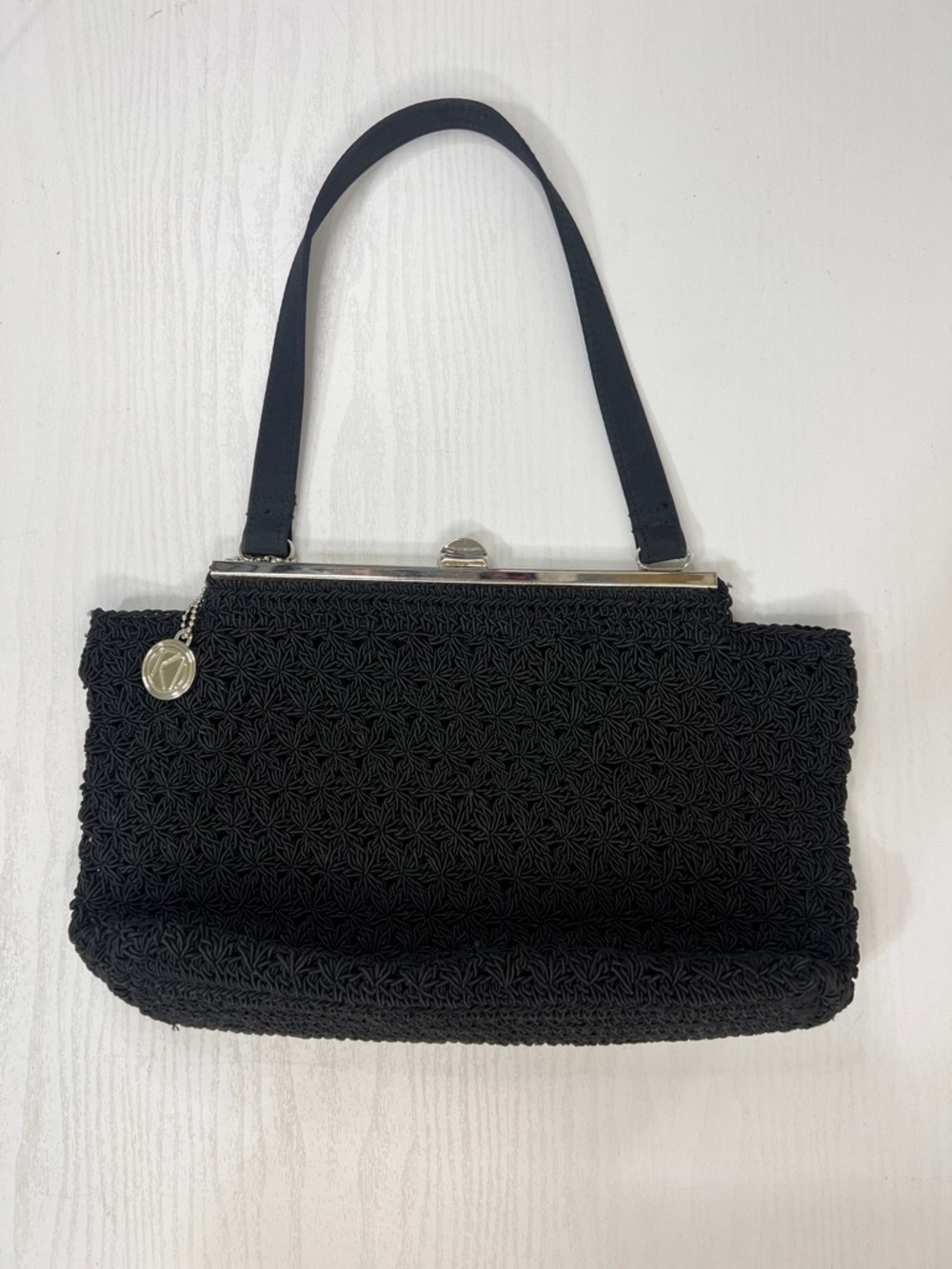 Kathy Ireland Black Evening Bag | Textured Clutch w/ Silver Frame | Elegant